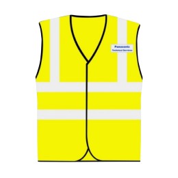 Customized vest jacket with reflective tape Designed open-chest fluorescent yellow vest jacket Reflective engineering clothing Silk-printed blue logo Panasonic D417 Customized vest jacket with reflective tape Designed open-chest fluorescent yellow vest jacket Reflective engineering clothing Silk-printed blue logo Panasonic D417